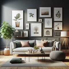 A living room with a template mockup poster empty white and with a couch and pictures on the wall image art photo card design.