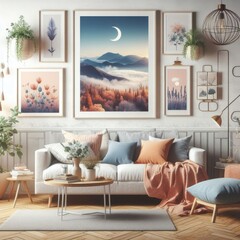 A living room with a template mockup poster empty white and with a couch and pictures on the wall standardscalex image art has illustrative meaning.