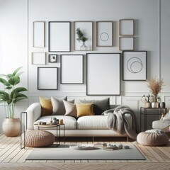 A living room with a template mockup poster empty white and with a couch and pictures on the wall standardscalex image art photo card design.