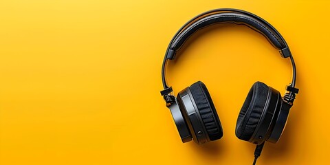 Fototapeta premium Podcast Discussing Diversity and Inclusion Initiatives in the Workplace with Headphones on Vibrant Yellow Background