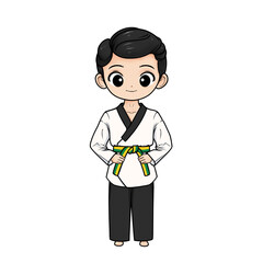 illustration of taekwondo poomsae boy with yellow green or yellow stripe belt and transparent background