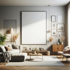 A living room with a template mockup poster empty white and with a large poster on the wall art photo attractive lively.