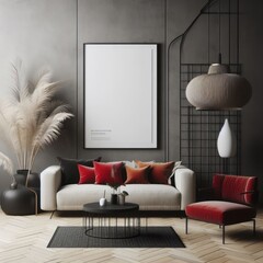 A living room with a template mockup poster empty white and with a white couch and red chairs art harmony lively has illustrative meaning.