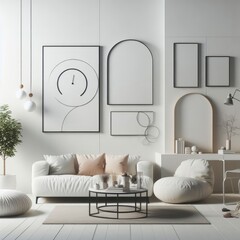 A living room with a template mockup poster empty white and with white furniture and a table image art lively.
