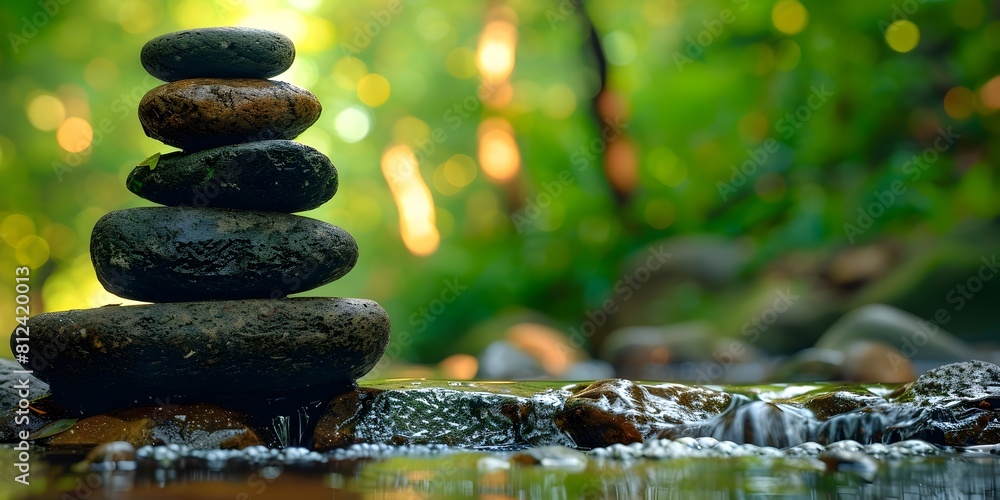 Poster Serene Stacked Stone Waterfall Meditation in Lush Forest Landscape for Relaxation and Wellness