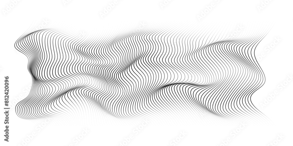 Poster Flowing wave lines pattern 3D curve halftone black gradient curve shape isolated on transparent background. Vector in concept of technology, science, music, modern.