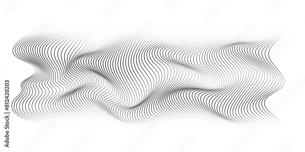 Fototapete Flowing wave lines pattern 3D curve halftone black gradient curve shape isolated on transparent background. Vector in concept of technology, science, music, modern.
