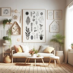 A Room with a template mockup poster empty white and with a couch and a coffee table image realistic photo.