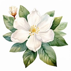 A watercolor painting of a white magnolia flower with green leaves.