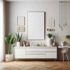A Room with a template mockup poster empty white and with a white dresser and a white chair and a white table realistic harmony lively has illustrative meaning.