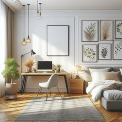 Bedroom sets have template mockup poster empty white with Bedroom interior and a desk image photo...