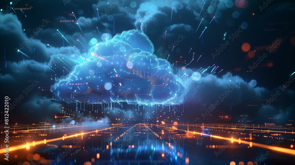 Aufkleber A cloud computing technology, a large glowing blue cloud composed of interconnected lines and polygons, with several beams of light connecting it to small circular platforms on a grid. Generative AI.