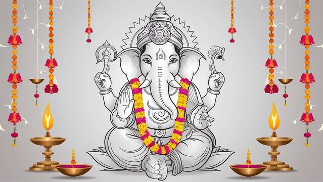 ganesha deity with floral garland and lamps clip art preview