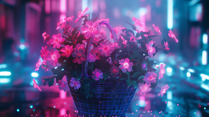 Vibrant neon pink flowers in a digital basket, glowing amidst a futuristic cityscape