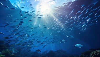 Groups of giant Tuna fish in the underwater, coral reef, amazing underwater life, various fish and exotic coral reefs, ocean wild creatures background