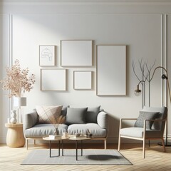 living room with a template mockup poster empty white and With Couch And Chair image art realistic attractive used for printing.