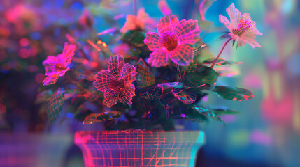 Abstract neon wireframe flowers in a blue and red basket, set against a neon-lit urban backdrop