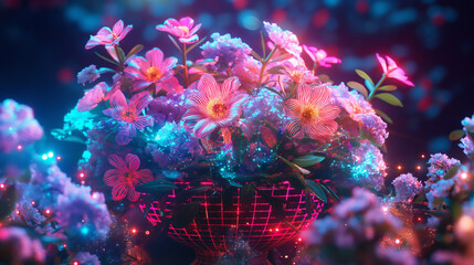 Exquisite floral arrangement in neon colors, highlighting a surreal and artistic digital environment