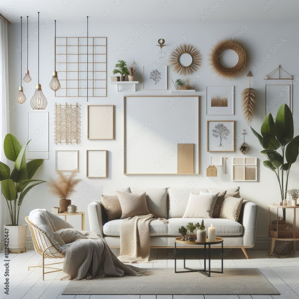 Wall mural living room with a template mockup poster empty white and with couch and plants standardscalex image