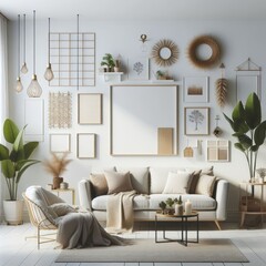 living room with a template mockup poster empty white and With Couch And Plants standardscalex image art realistic lively.