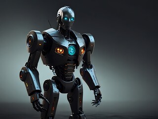 A man and a robot standing in a dark background, a futuristic and conceptual image.