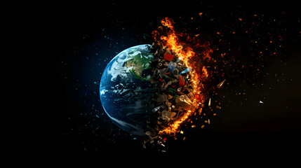 abstract image of the earth planet half of it on fire and half of it fill with garbage from environment problem and global warming