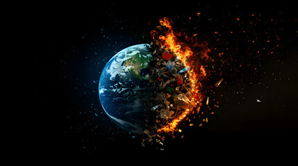 Obraz premium abstract image of the earth planet half of it on fire and half of it fill with garbage from environment problem and global warming