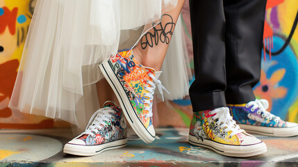 Bride and groom showing off colorful custom sneakers at urban location