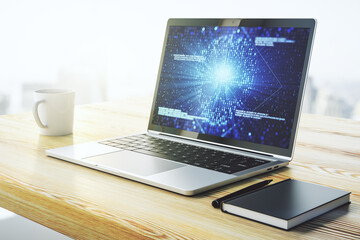 Creative code skull hologram on modern computer monitor, cybercrime and hacking concept. 3D Rendering