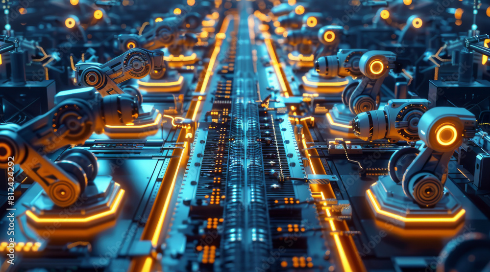 Poster aerial view, a group of robot arms working on an assembly line in a factory workshop, illuminated wi