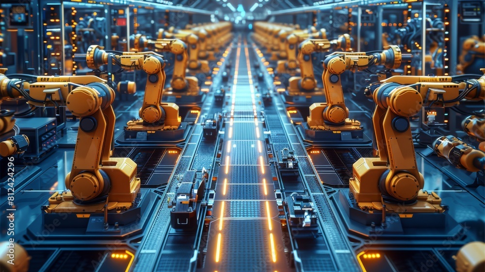 Poster aerial view, a group of robot arms working on an assembly line in a factory workshop, illuminated wi