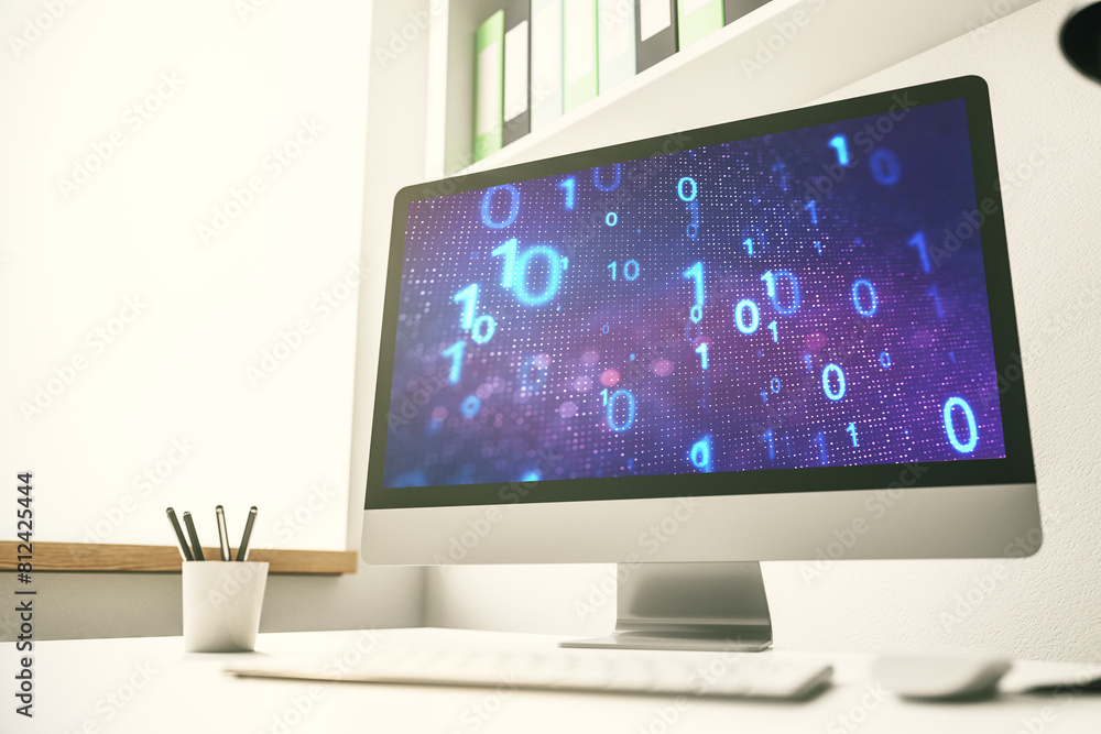 Aufkleber Creative abstract binary code sketch on modern laptop monitor, hacking and matrix concept. 3D Rendering