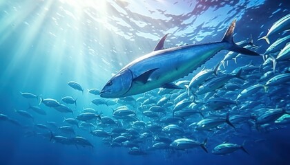 Fototapeta premium Groups of giant Tuna fish in the underwater, coral reef, amazing underwater life, various fish and exotic coral reefs, ocean wild creatures background