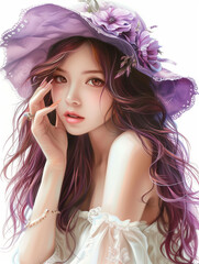 Round-eyed, long-haired model with a slender figure wearing a purple baoter hat, AI generative