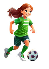 Football girl in green team shirt and orange shorts, AI generative