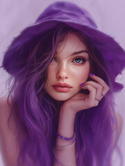 Illustration image of beautiful gilr with violet hair and baotar hat, AI generative