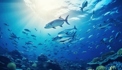 Fototapeta premium Groups of giant Tuna fish in the underwater, coral reef, amazing underwater life, various fish and exotic coral reefs, ocean wild creatures background