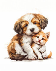 The puppy hugged the kitten with love on white background, AI generative