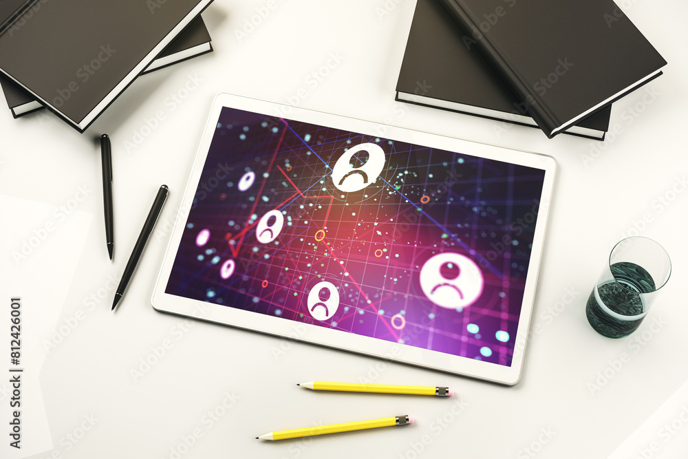 Poster modern digital tablet monitor with social network icons concept. marketing and promotion concept. to