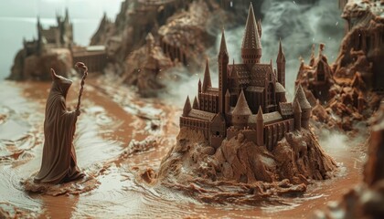 A magical scene of a chocolate wizard casting spells in a castle made of dark chocolate