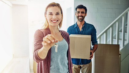 Couple, moving and house with key or box, property and investment with trust and support or mortgage. Opportunity, new home and residential buyer, ownership together and achievement or relocation