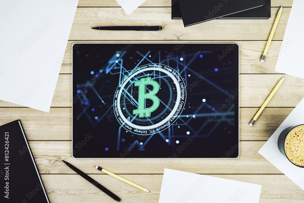 Poster Top view of modern digital tablet screen with creative Bitcoin symbol hologram. Mining and blockchain concept. 3D Rendering