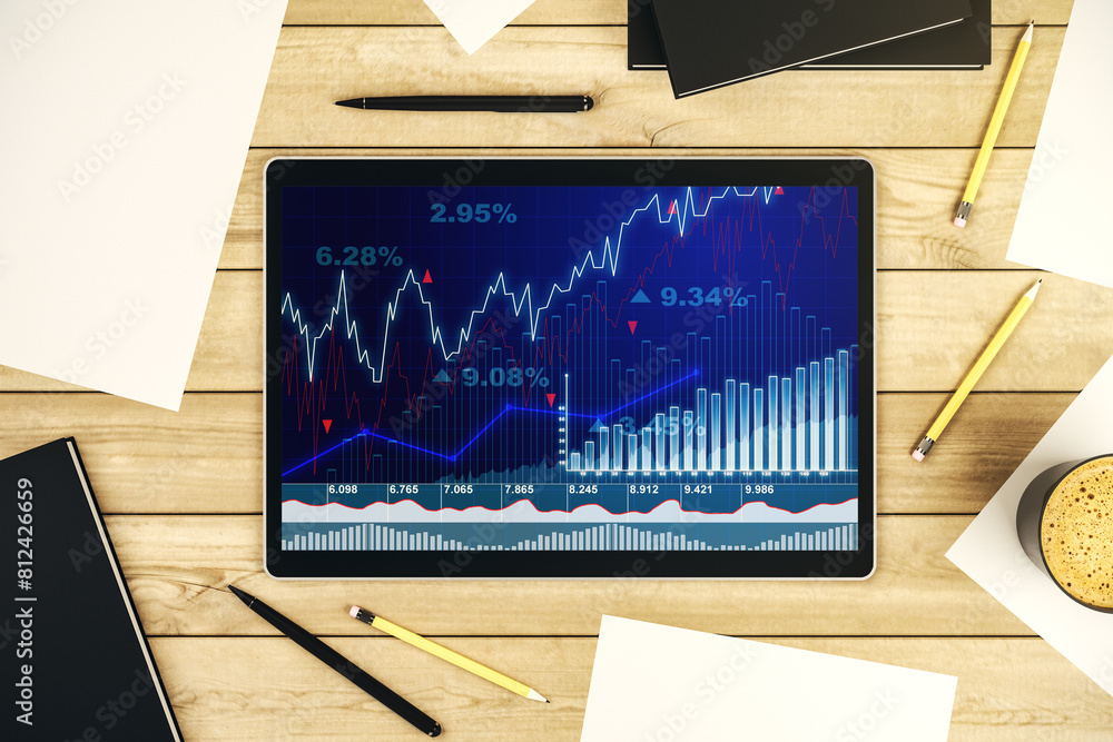 Aufkleber modern digital tablet display with abstract financial graph, financial and trading concept. top view