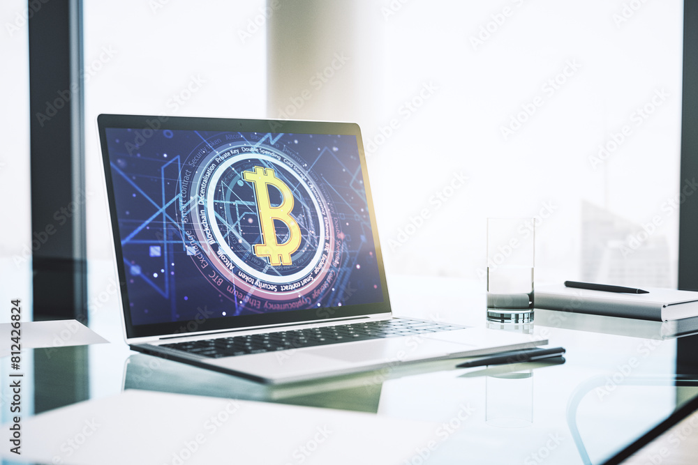Poster modern computer display with creative bitcoin symbol hologram. mining and blockchain concept. 3d ren