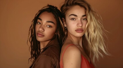 Obraz premium young women with diverse ethnicity standing back to back and looking at camera on brown background.