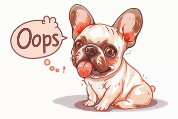pug cartoon. Banner of cute pug dog on isolated white background with "OOPS" sign. Funny pet selective focus.