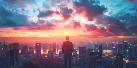 Fototapeta premium Ambitious Entrepreneur Overlooking Glowing Cityscape at Dramatic Sunset with Inspiring Clouds Above Vast Metropolis Skyline