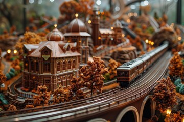 A mockup of a chocolate theme park with roller coasters and rides made from cocoa