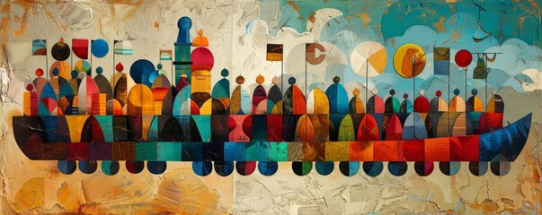 Obraz premium A modern art interpretation of Rath Yatra, with abstract, colorful shapes forming the chariot and crowd