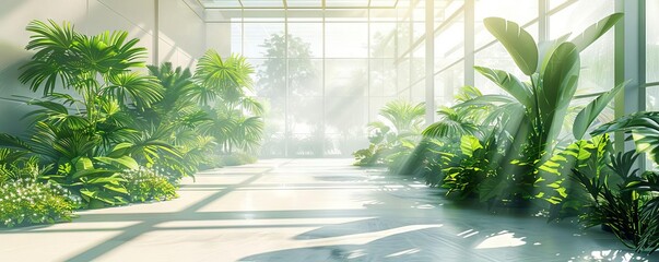 A modern greenhouse with white architectural lines and filled with green plants, using solar glass for energy